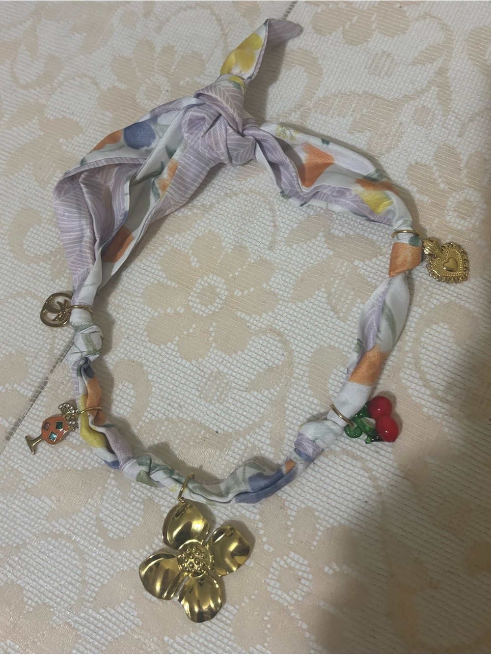 Floral Scarf Necklace with Gold Flower Pendant - Multicolor